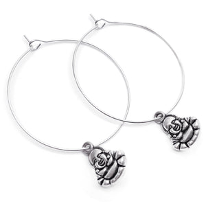 Buddha Charm Silver Plated Hoop Earrings : 35mm Diameter