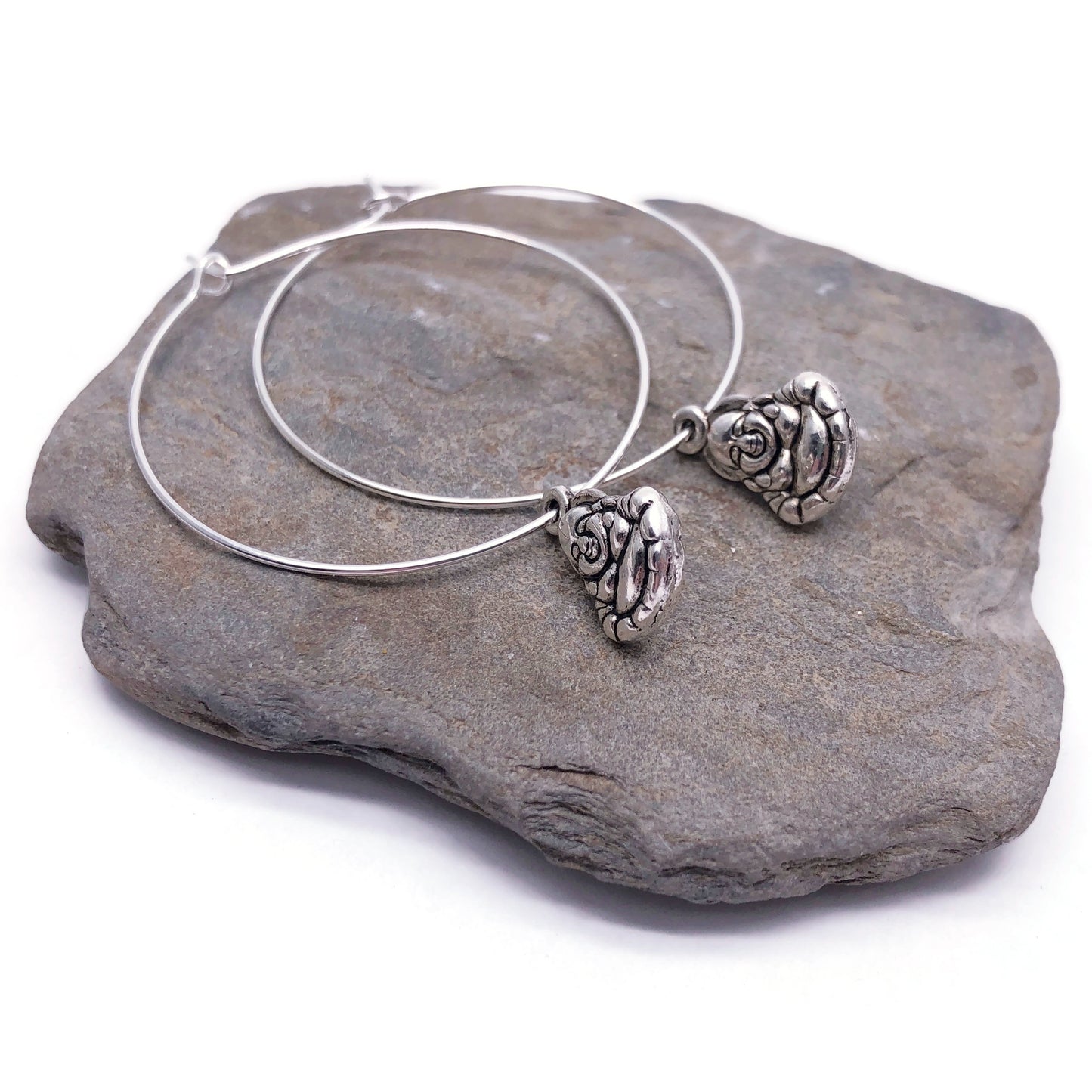 Buddha Charm Silver Plated Hoop Earrings : 35mm Diameter
