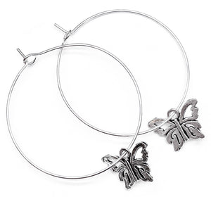 Butterfly Charm Silver Plated Hoop Earrings : 35mm Diameter