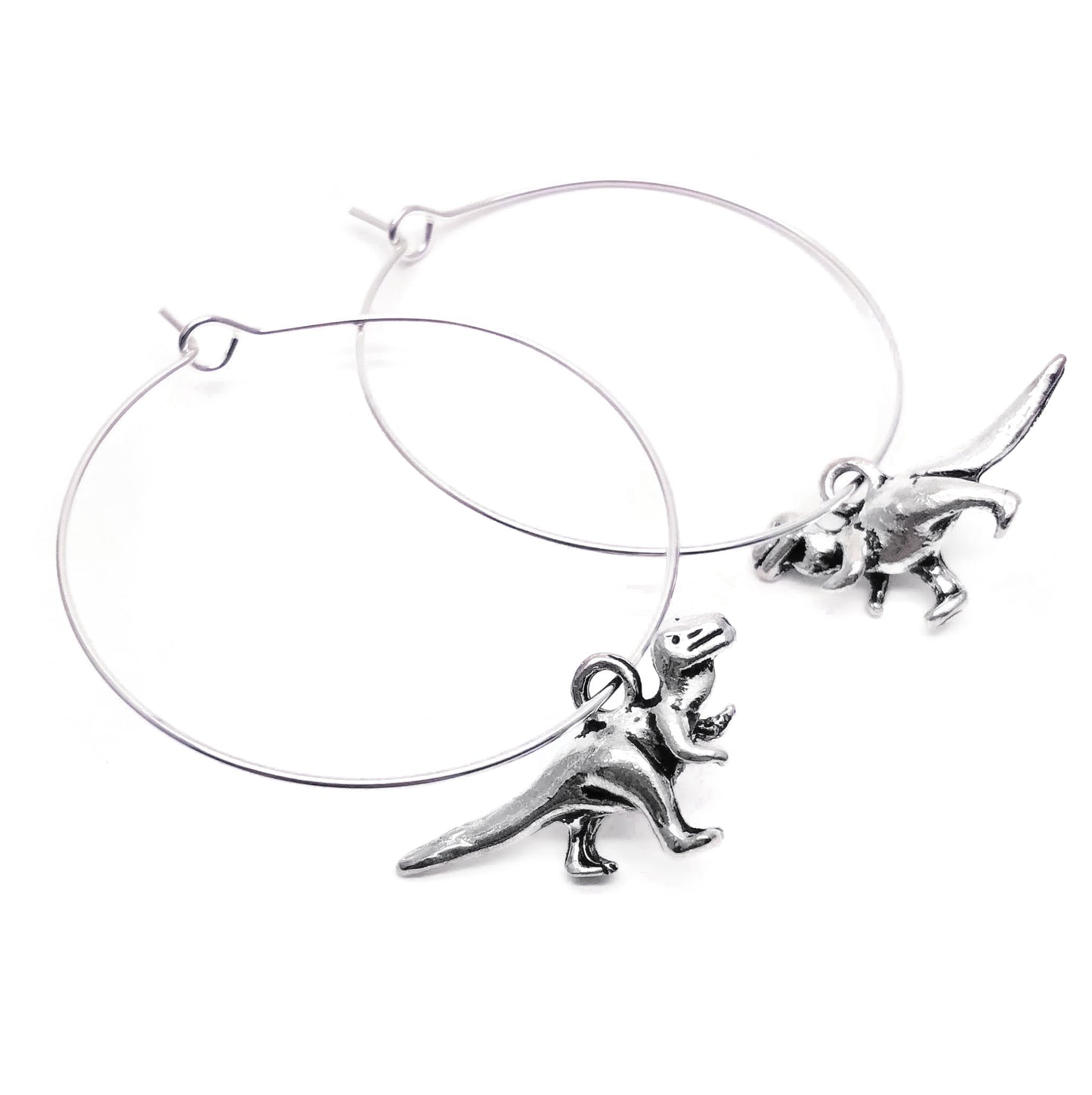 Dinosaur Charm Silver Plated Hoop Earrings : 35mm Diameter