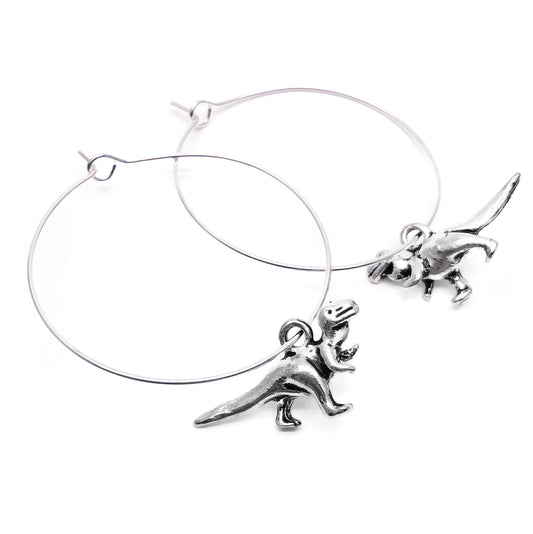 Dinosaur Charm Silver Plated Hoop Earrings : 35mm Diameter