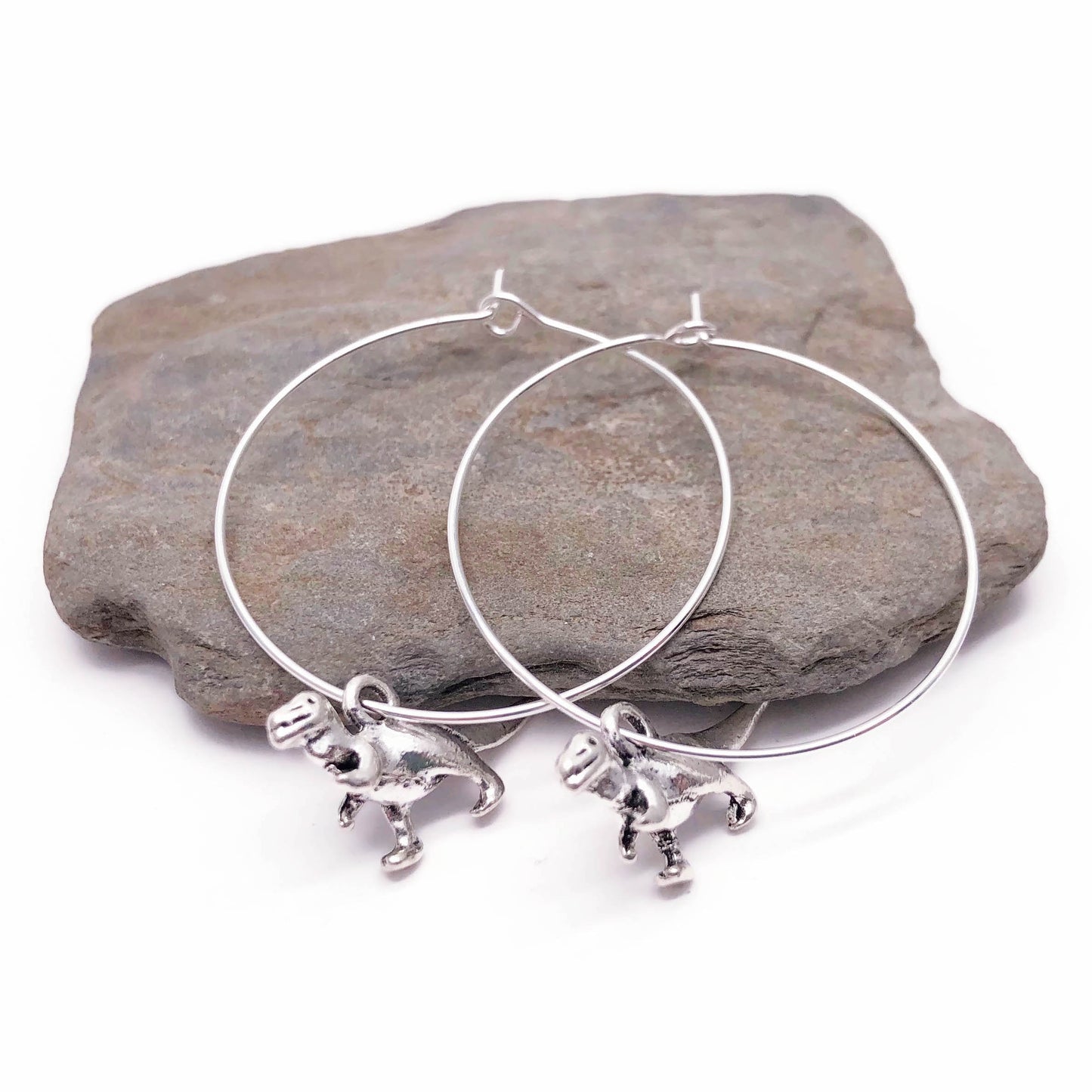 Dinosaur Charm Silver Plated Hoop Earrings : 35mm Diameter