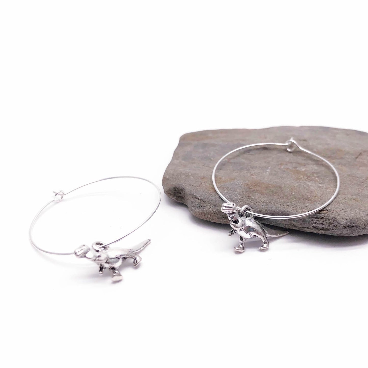Dinosaur Charm Silver Plated Hoop Earrings : 35mm Diameter