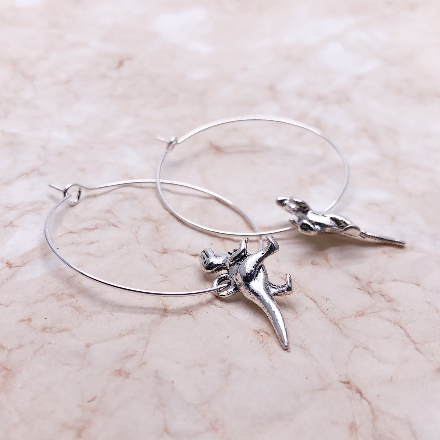 Dinosaur Charm Silver Plated Hoop Earrings : 35mm Diameter