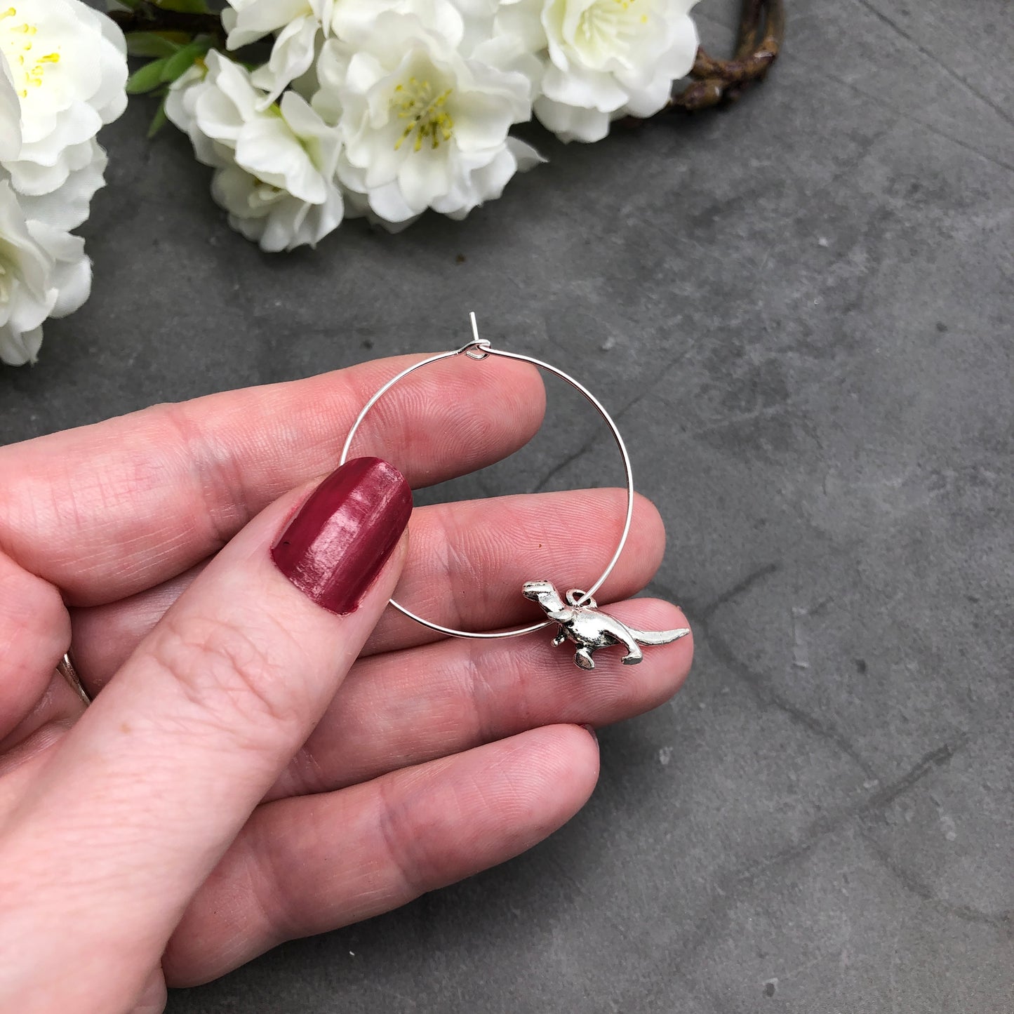 Dinosaur Charm Silver Plated Hoop Earrings : 35mm Diameter