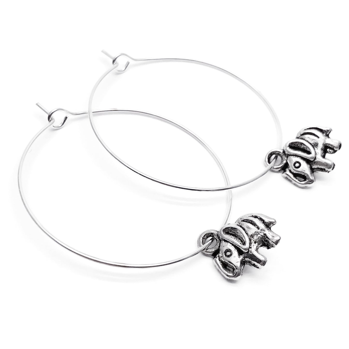 Elephant Charm Silver Plated Hoop Earrings : 35mm Diameter