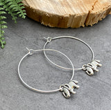 Elephant Charm Silver Plated Hoop Earrings : 35mm Diameter