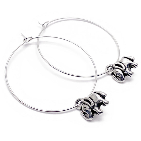 Elephant Charm Silver Plated Hoop Earrings : 35mm Diameter