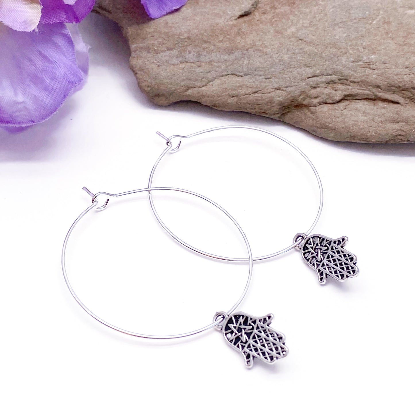 Hamsa Hand Silver Plated Hoop Earrings : 35mm Diameter
