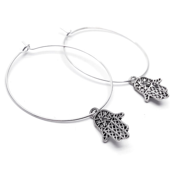 Hamsa Hand Silver Plated Hoop Earrings : 35mm Diameter