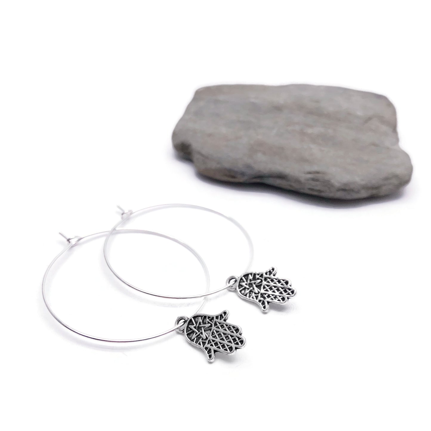 Hamsa Hand Silver Plated Hoop Earrings : 35mm Diameter