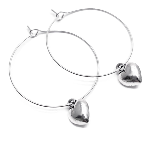 Heart Charm Silver Plated Hoop Earrings : 35mm Diameter