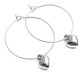 Heart Charm Silver Plated Hoop Earrings : 35mm Diameter