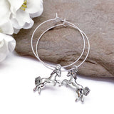 Horse Charm Silver Plated Hoop Earrings : 35mm Diameter