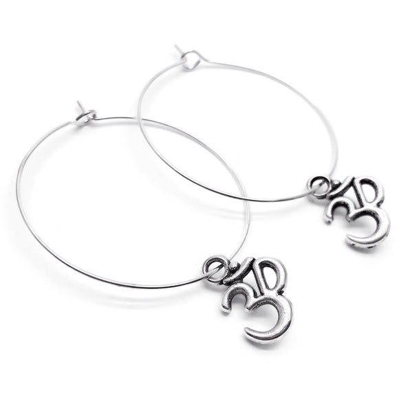 Ohm Charm Silver Plated Hoop Earrings : 35mm Diameter