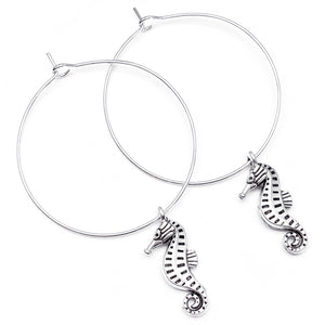 Seahorse Charm Silver Plated Hoop Earrings : 35mm Diameter