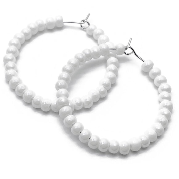 Shimmery White Glass Seed Bead Hoops : 35mm Diameter