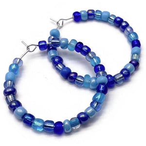 Blue Mix Glass Seed Beads Hoops : 35mm Diameter