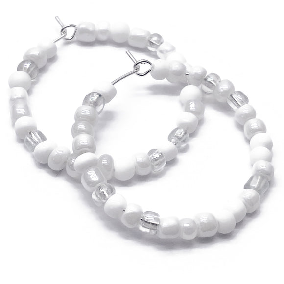 White and Clear Glass Seed Bead Hoops : 35mm Diameter