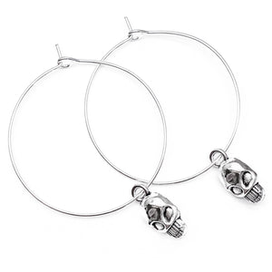 Skull Charm Silver Plated Hoop Earrings : 35mm Diameter