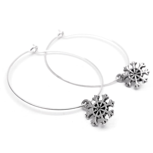 Snowflake Charm Silver Plated Hoop Earrings : 35mm Diameter