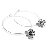 Snowflake Charm Silver Plated Hoop Earrings : 35mm Diameter