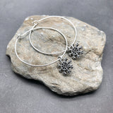 Snowflake Charm Silver Plated Hoop Earrings : 35mm Diameter