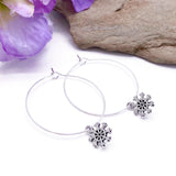 Snowflake Charm Silver Plated Hoop Earrings : 35mm Diameter