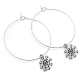 Snowflake Charm Silver Plated Hoop Earrings : 35mm Diameter