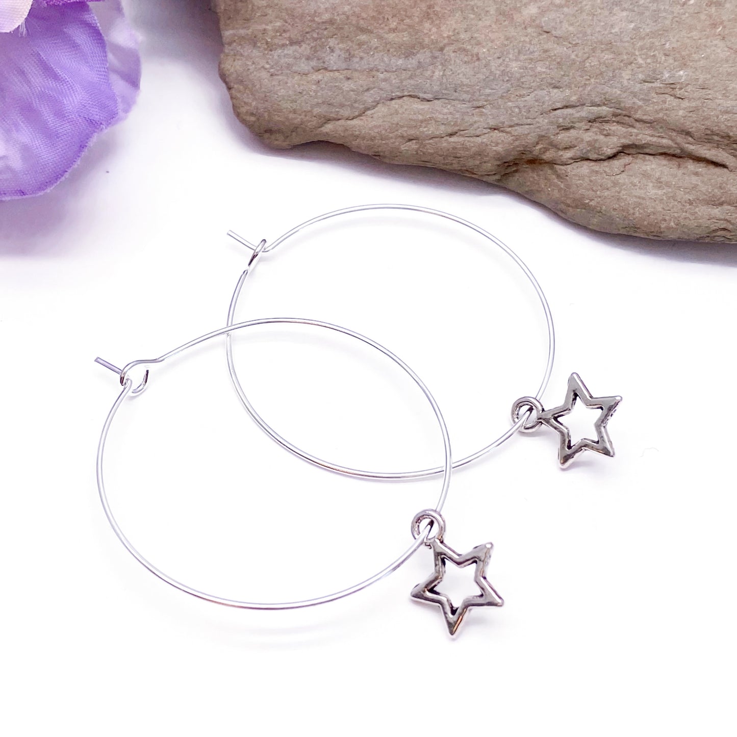 Small Star Charm Silver Plated Hoop Earrings : 35mm Diameter