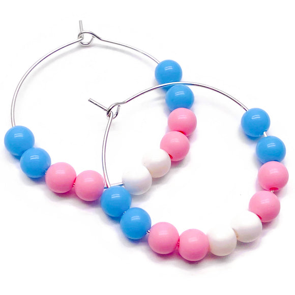 Trans Pride Colours Hoop Earrings : 35mm Diameter, Silver Plated