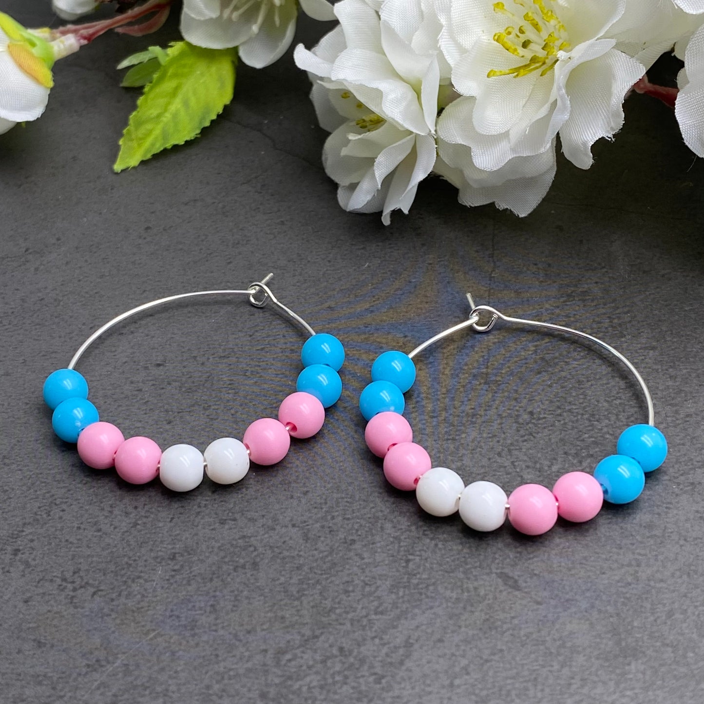 Trans Pride Colours Hoop Earrings : 35mm Diameter, Silver Plated
