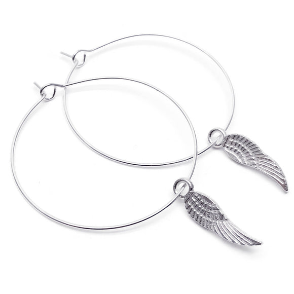 Angel Wings Charm Silver Plated Hoop Earrings : 35mm Diameter