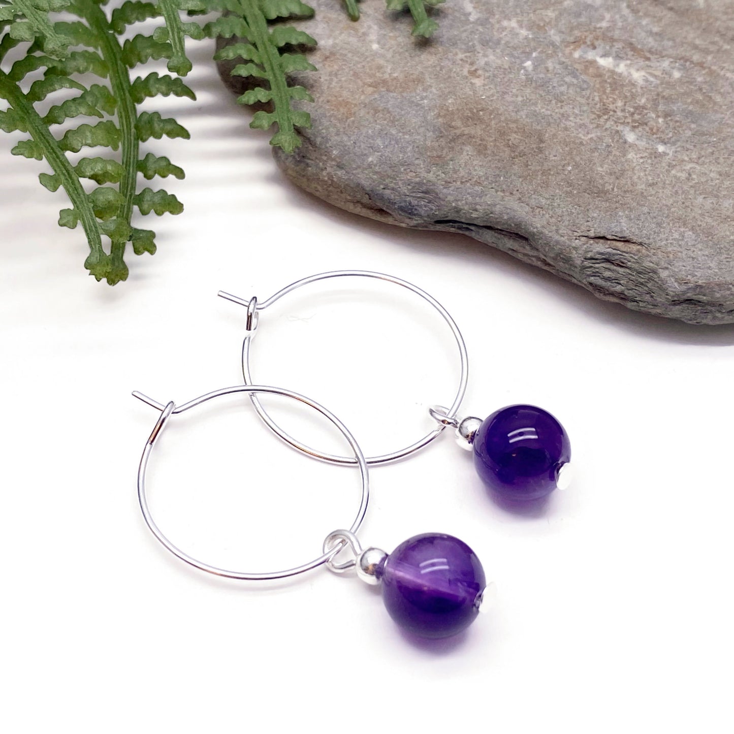 Amethyst 8mm Stone Bead Silver Plated Hoops : 20mm