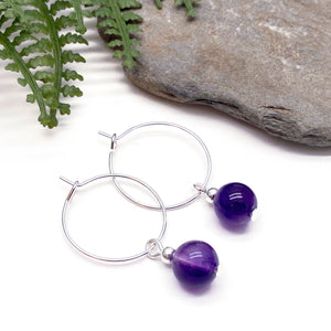Amethyst 8mm Stone Bead Silver Plated Hoops 20mm