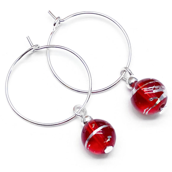 Red Drawbench Glass Bead Silver Plated Hoops : 20mm