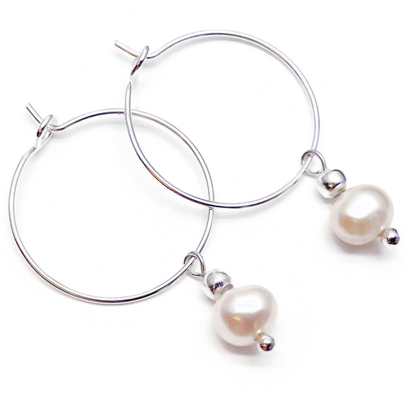 White Freshwater Pearl Bead Silver Tone Hoops : 20mm