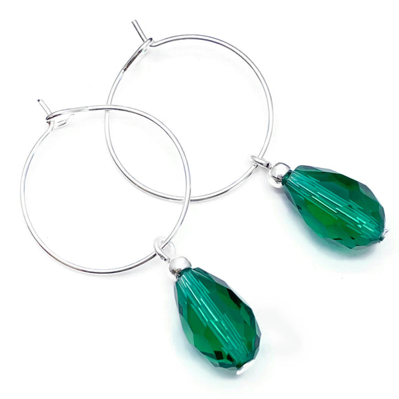 Sea Green Glass Drop Bead Silver Plated Hoops : 20mm