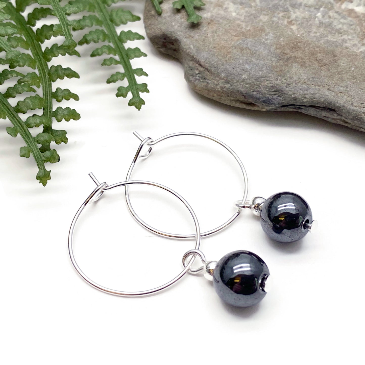 Hematite 8mm Stone Bead Hoops : 20mm Diameter, Silver Plated