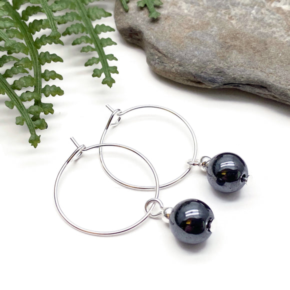 Hematite 8mm Stone Bead Silver Plated Hoops 20mm