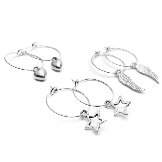 Wings, Stars and Hearts Charm Hoop Earrings Set