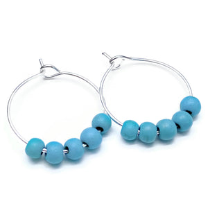 Turquoise 4mm Stone Bead Silver Tone Hoops : 20mm