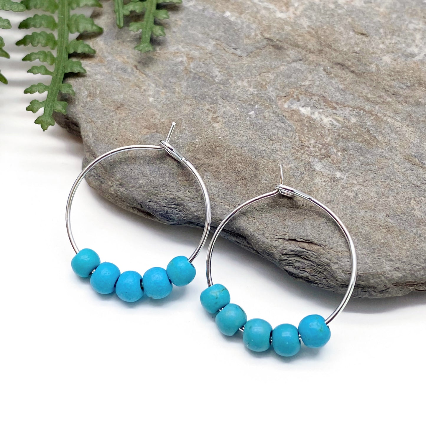 Turquoise 4mm Stone Bead Silver Tone Hoops : 20mm