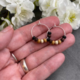 Black and Brown Wooden Bead Silver Tone Hoops : 20mm Diameter