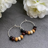 Black and Brown Wooden Bead Silver Tone Hoops : 20mm Diameter