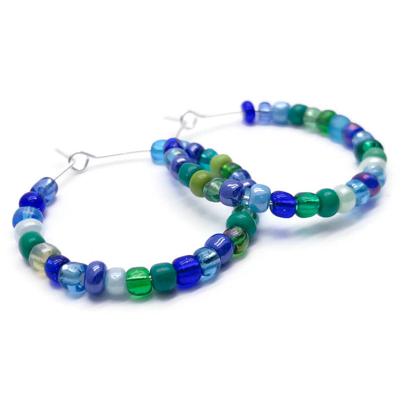 Blue and Green Glass Seed Beads Hoops : 35mm Diameter