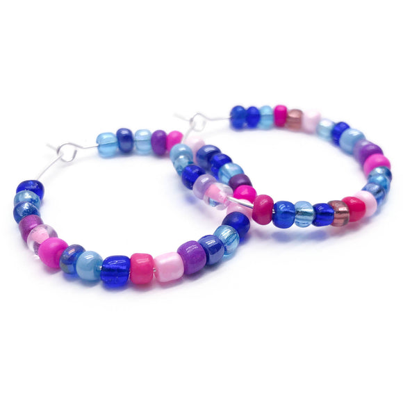 Blue and Pink Glass Seed Beads Hoops : 35mm Diameter