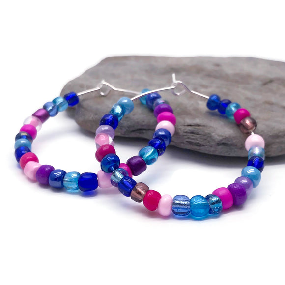 Blue and Pink Seed Beads Hoops 35mm