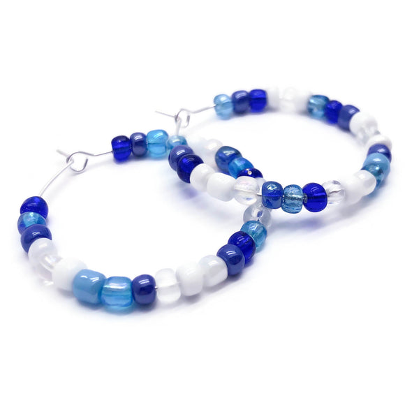 White and Blue Glass Seed Beads Hoops : 35mm Diameter