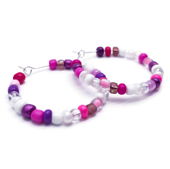 Pink and White Glass Seed Beads Hoops : 35mm Diameter